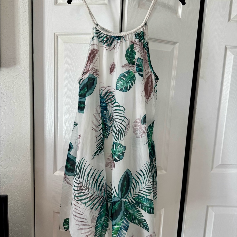 Tropical Leaf Print Halter Dress